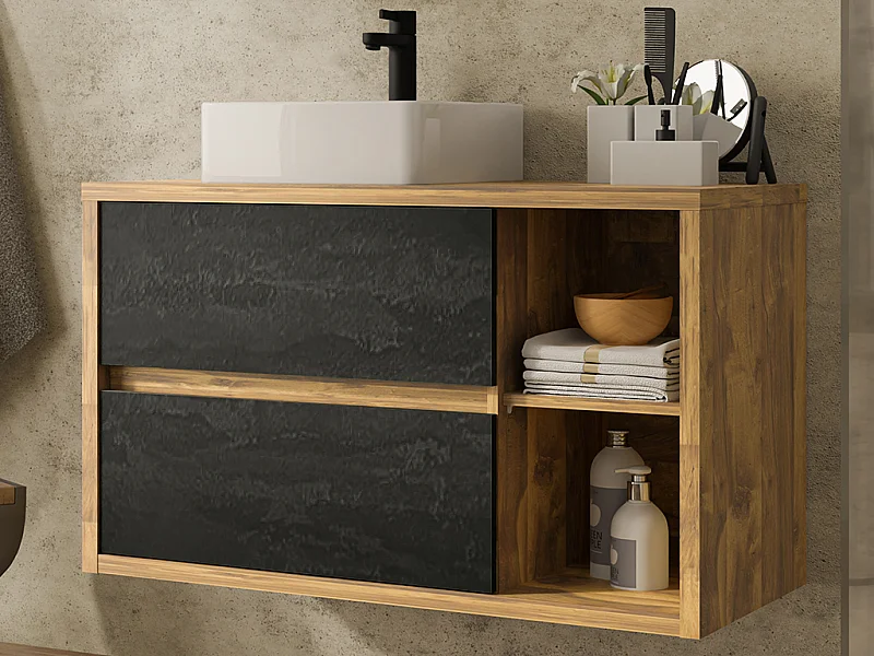 Hangend badkamermeubel met vierkante wastafel - Naturel en antraciet - 100 cm - TIKITIKI