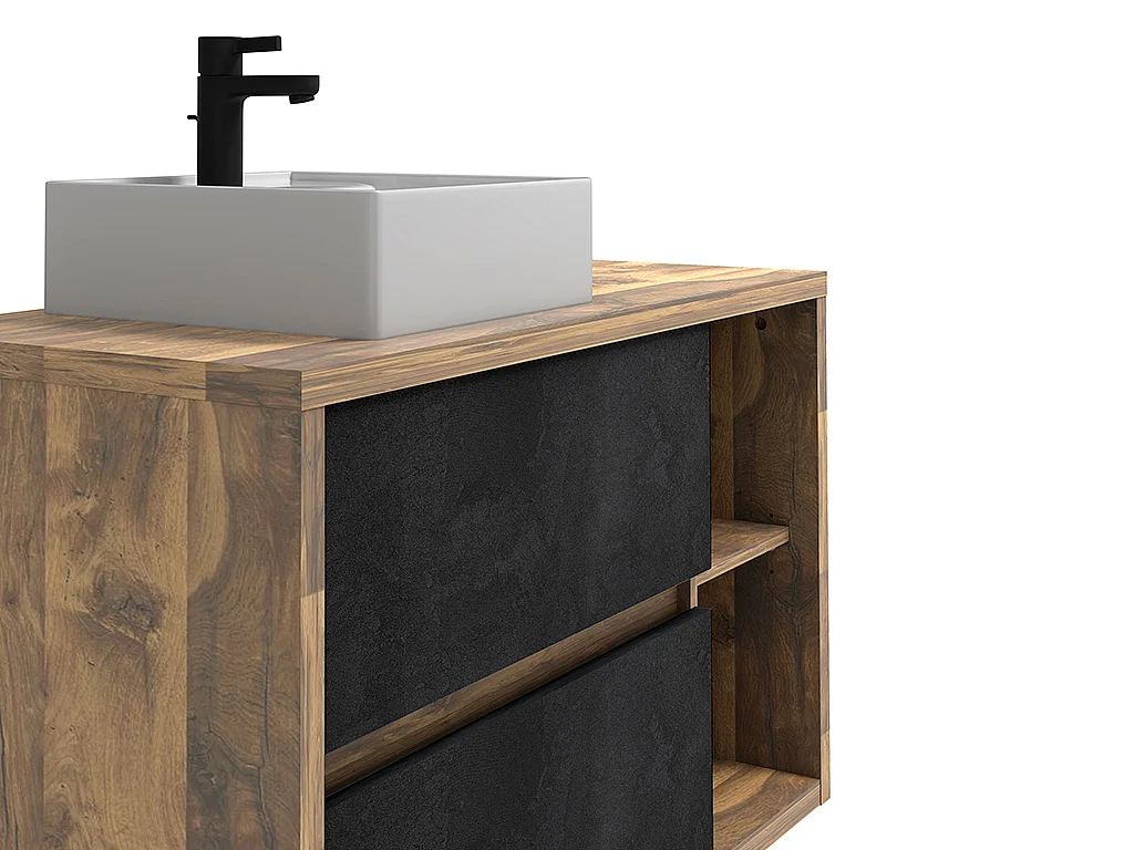 Waschbeckenunterschrank hängend mit quadratischem Einzelwaschbecken - Naturfarben & Anthrazit - 100 cm - TIKITIKI