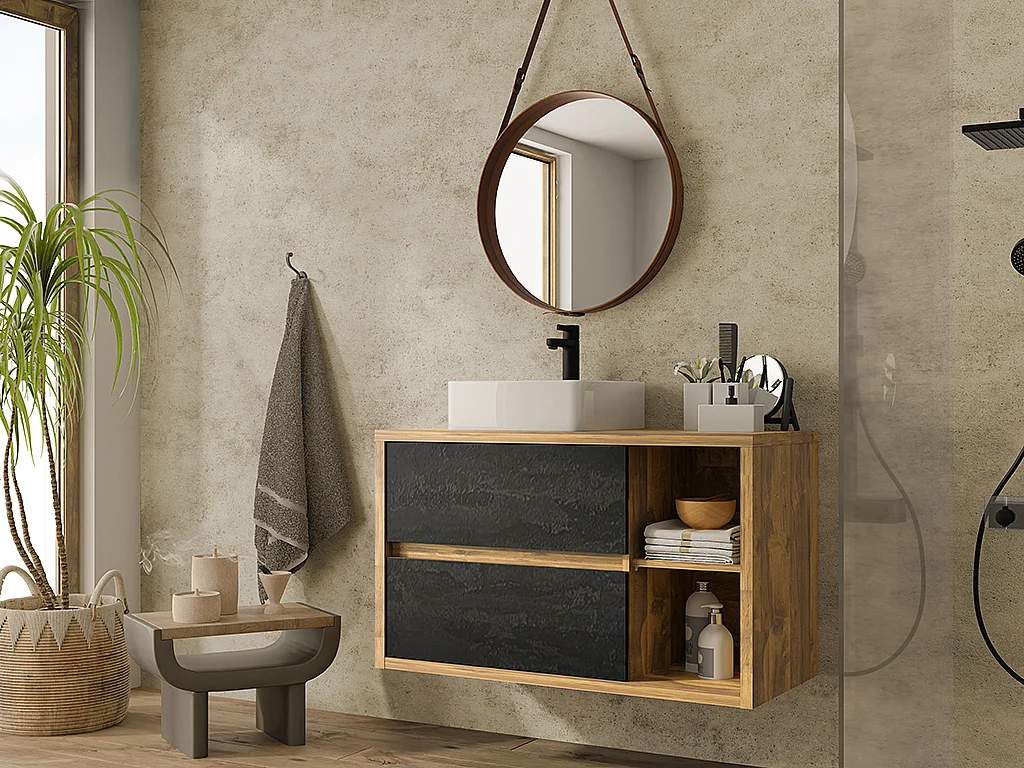 Meuble de salle de bain suspendu avec vasque carrée - Coloris naturel et anthracite - 100 cm - TIKITIKI