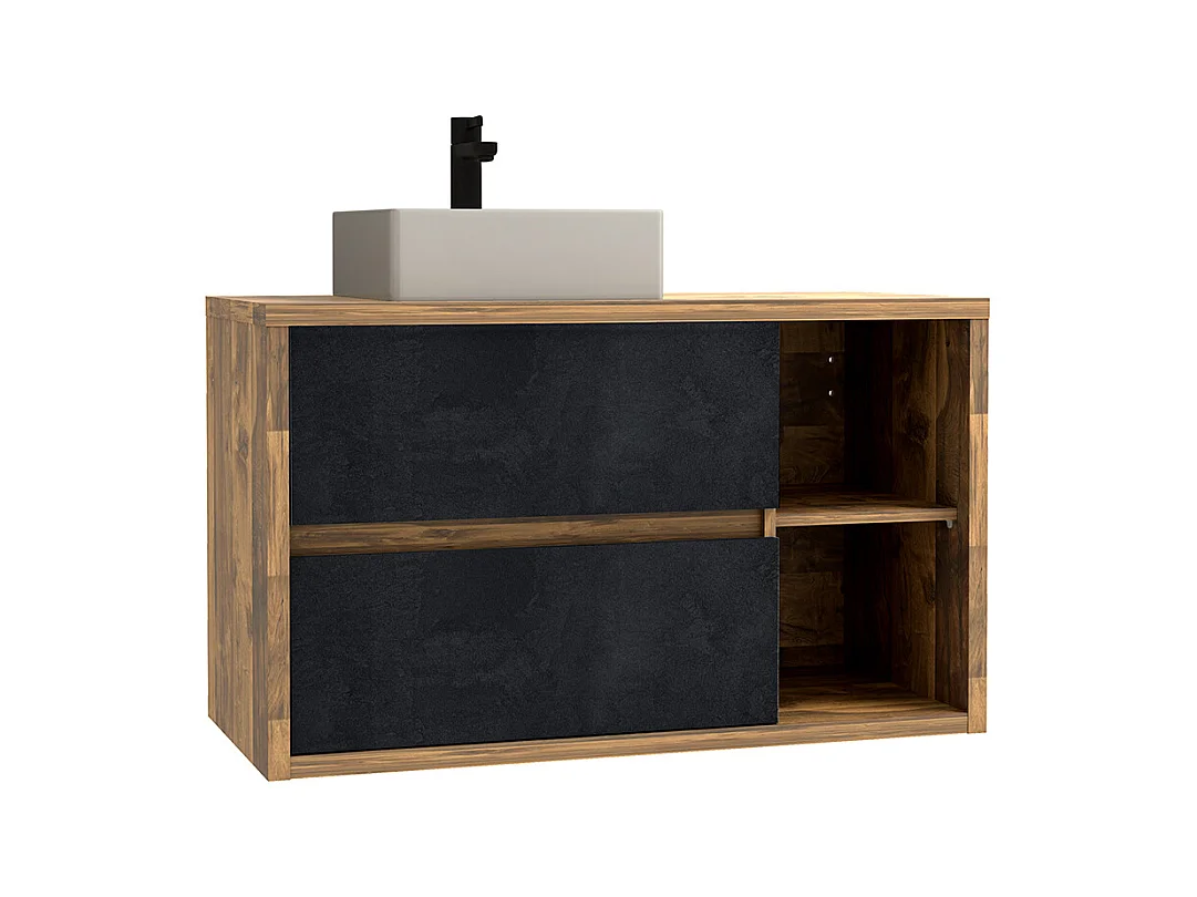 Veggmontert baderomsinnredning med firkantet servant - Naturlig og antrasitt fargetoner - 100 cm - TIKITIKI