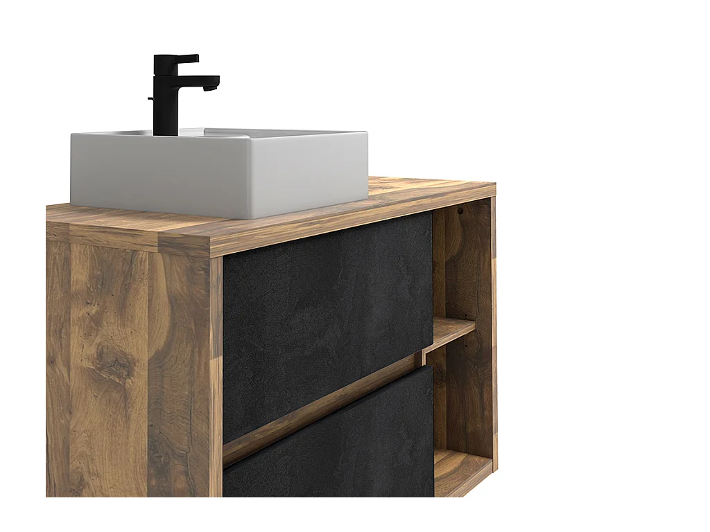 Veggmontert baderomsinnredning med firkantet servant - Naturlig og antrasitt fargetoner - 100 cm - TIKITIKI