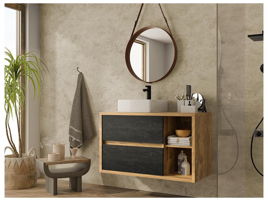 Mueble de baño suspendido con lavabo cuadrado color natural y antracita - 100 cm - TIKITIKI