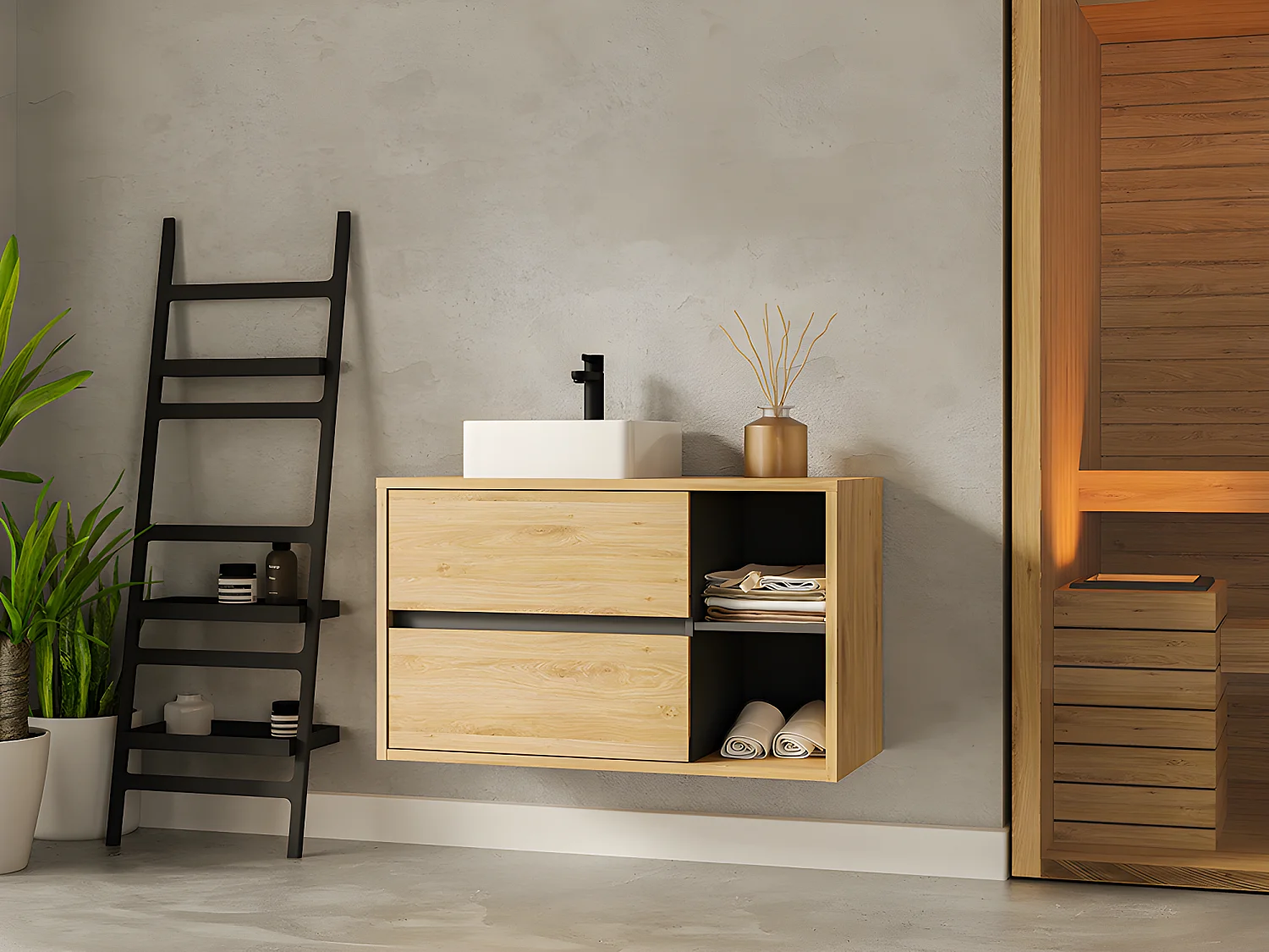 Mobile per bagno sospeso lavabo quadrato 100 cm Colore Naturale - PURNAL