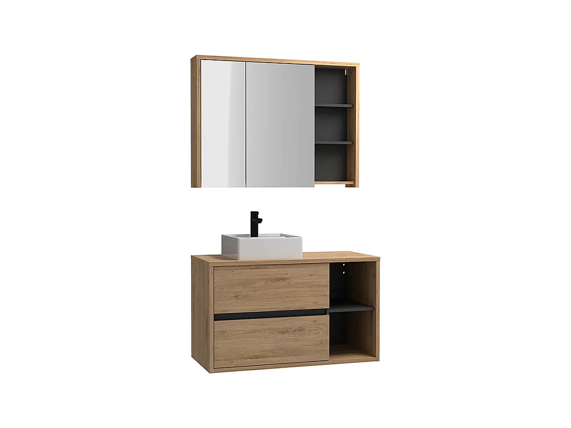 Meuble de salle de bain suspendu avec vasque carrée et armoire de toilette - coloris naturel - 100 cm - PURNAL