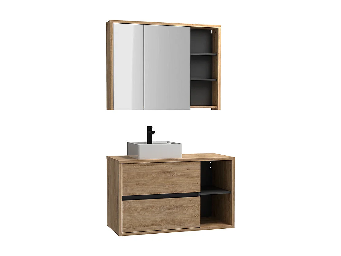 Meuble de salle de bain suspendu avec vasque carrée et armoire de toilette - coloris naturel - 100 cm - PURNAL