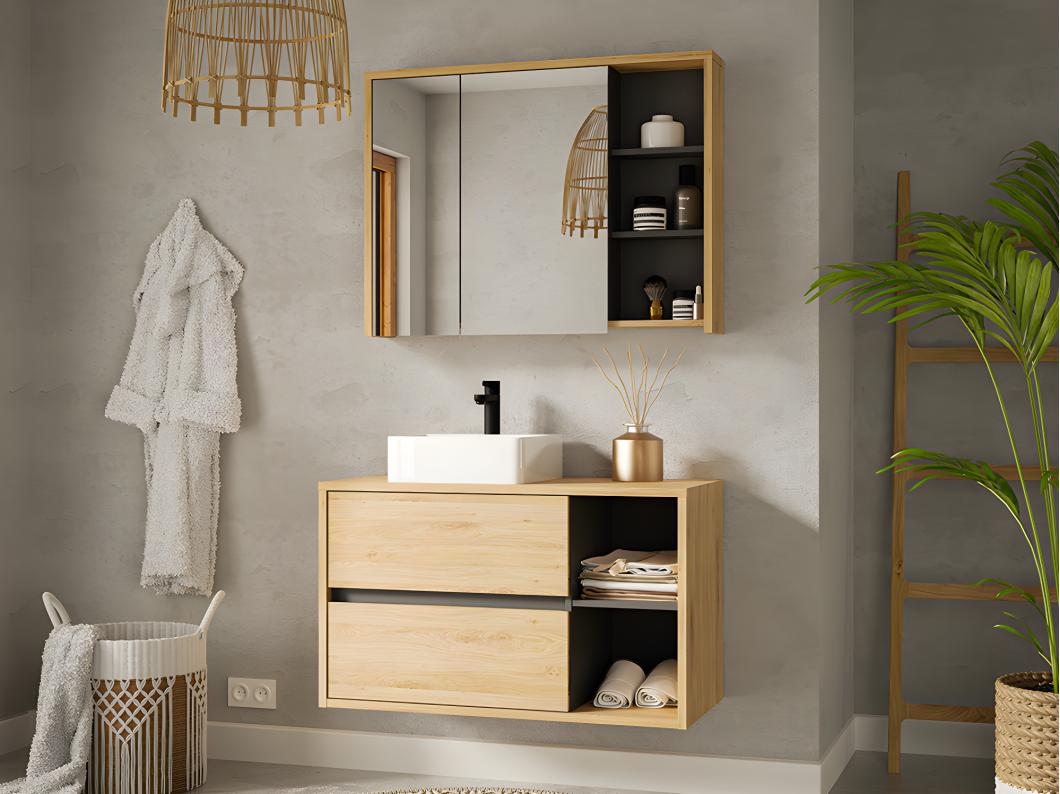 Meuble de salle de bain suspendu avec vasque carrée et armoire de toilette - coloris naturel - 100 cm - PURNAL