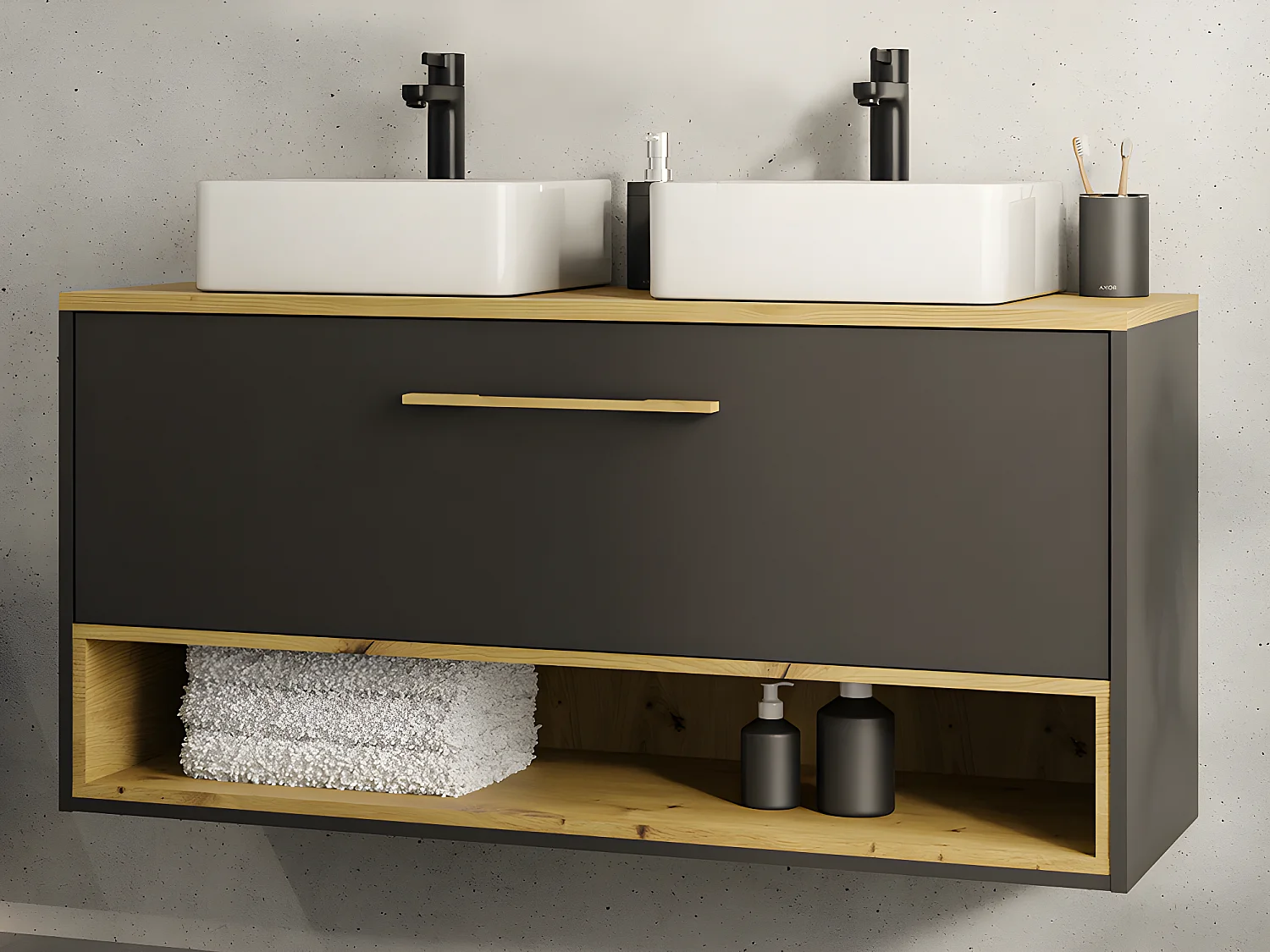 Mobile per bagno sospeso con lavabo doppio da appoggio - 120 cm - Antracite - YANGRA
