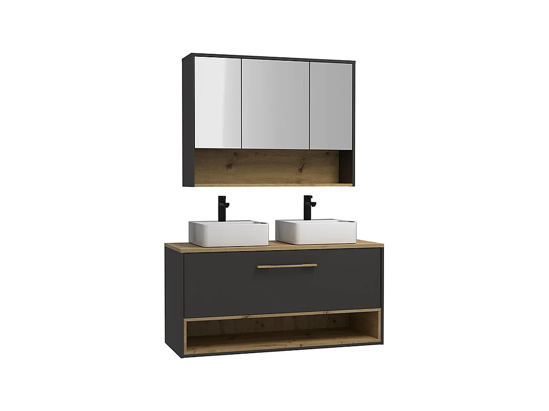 Szafka łazienkowa wisząca  w kolorze antracytowym, z podwójną umywalką i dodatkową szafką ścienną – 120 cm – YANGRA