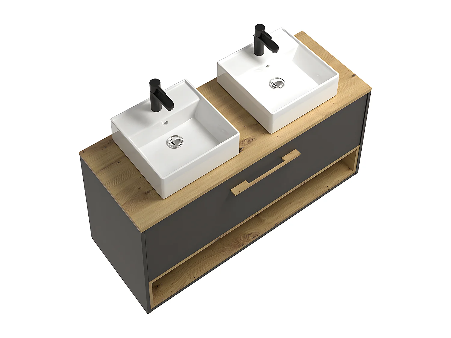 Szafka łazienkowa wisząca  w kolorze antracytowym, z podwójną umywalką i dodatkową szafką ścienną – 120 cm – YANGRA