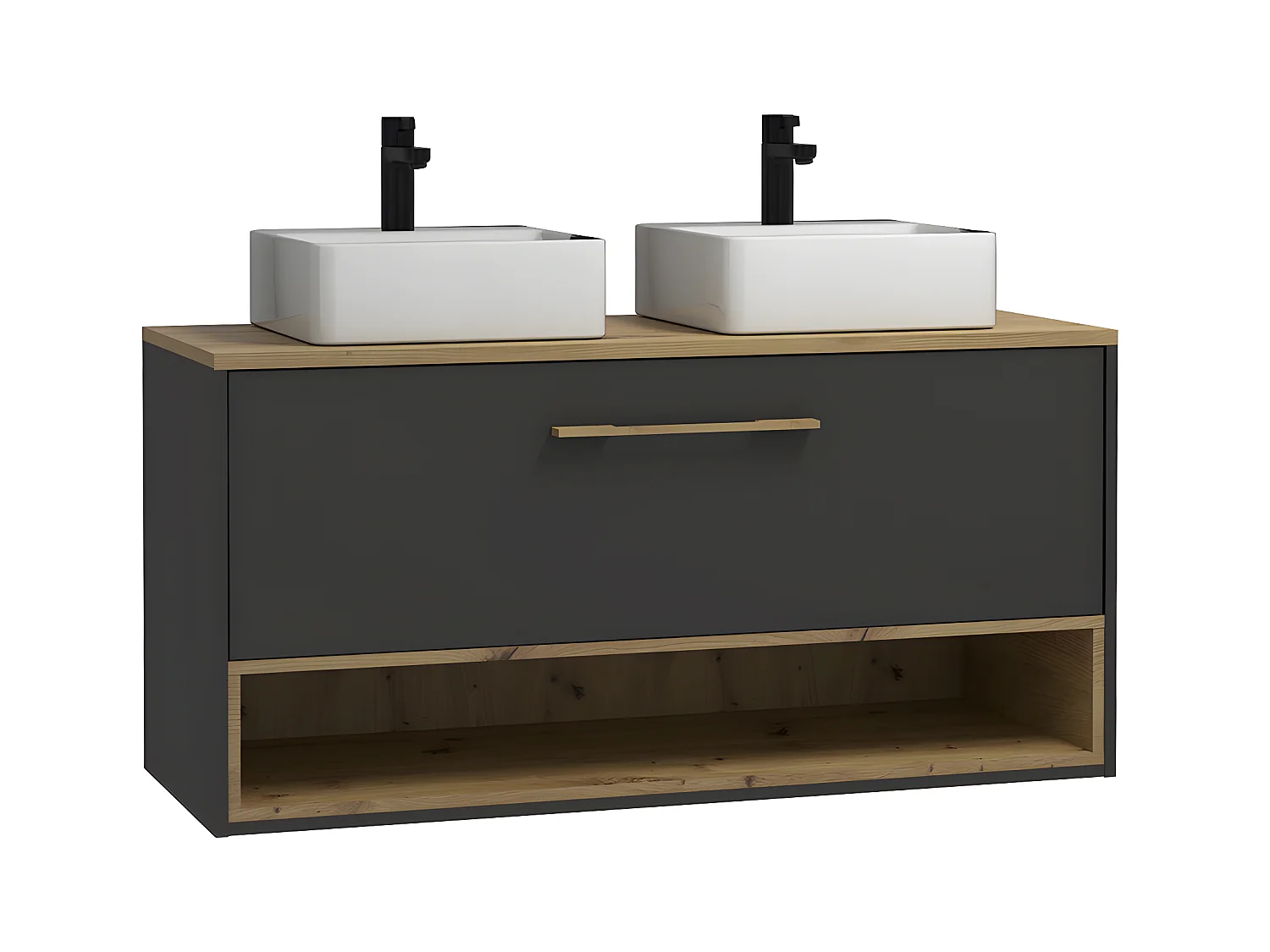Szafka łazienkowa wisząca  w kolorze antracytowym, z podwójną umywalką i dodatkową szafką ścienną – 120 cm – YANGRA