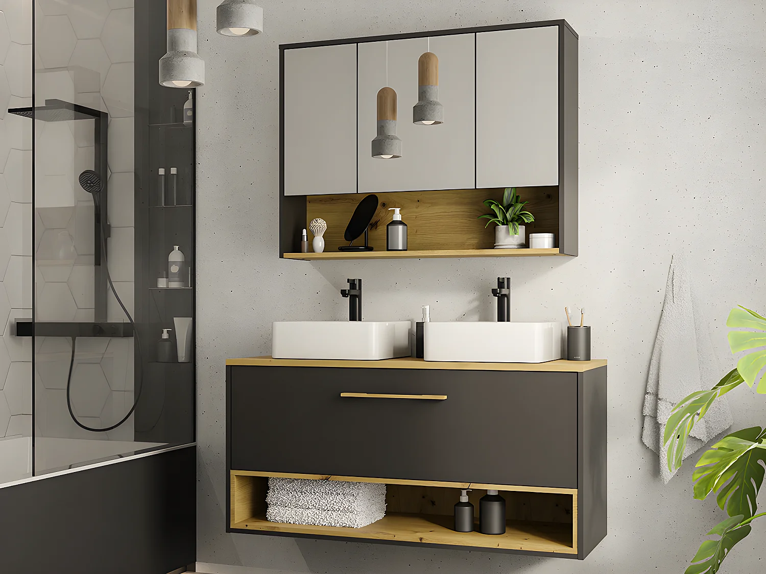 Waschbeckenunterschrank hängend mit Doppelwaschbecken & Spiegelschrank - 120 cm - Anthrazit - YANGRA
