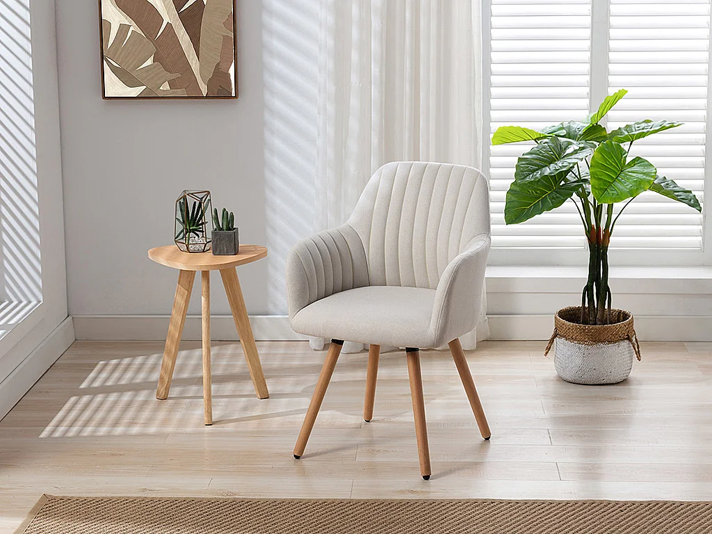 Chaise avec accoudoirs - Tissu et pieds bois de hêtre - Crème - ELEANA
