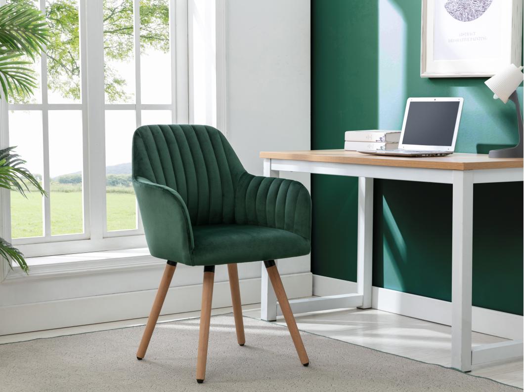 Chaise avec accoudoirs en velours et pieds bois de hêtre - Vert foncé - ELEANA