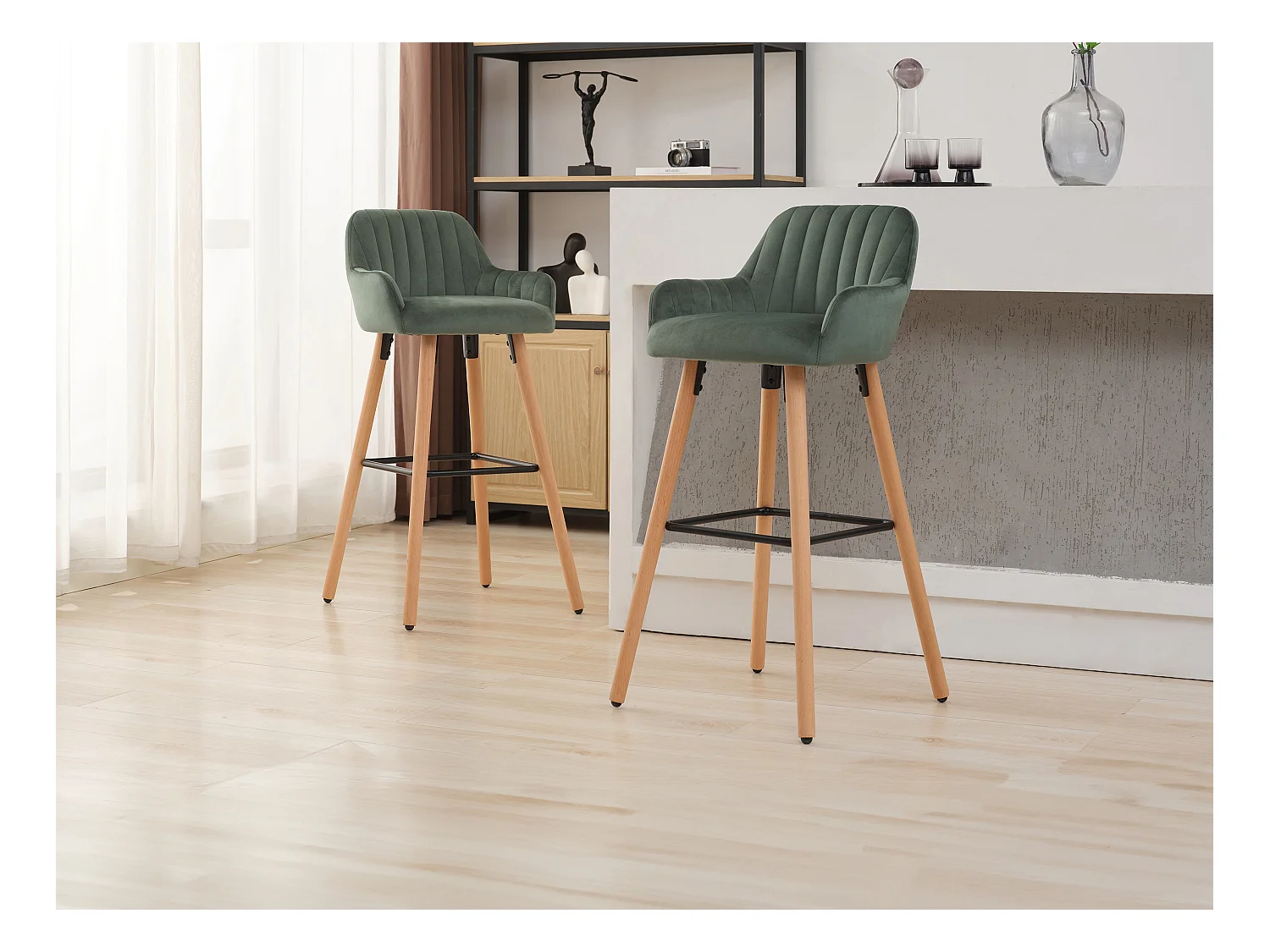Lot de 2 tabourets de bar en velours et pieds bois de hêtre - Vert foncé - ELEANA