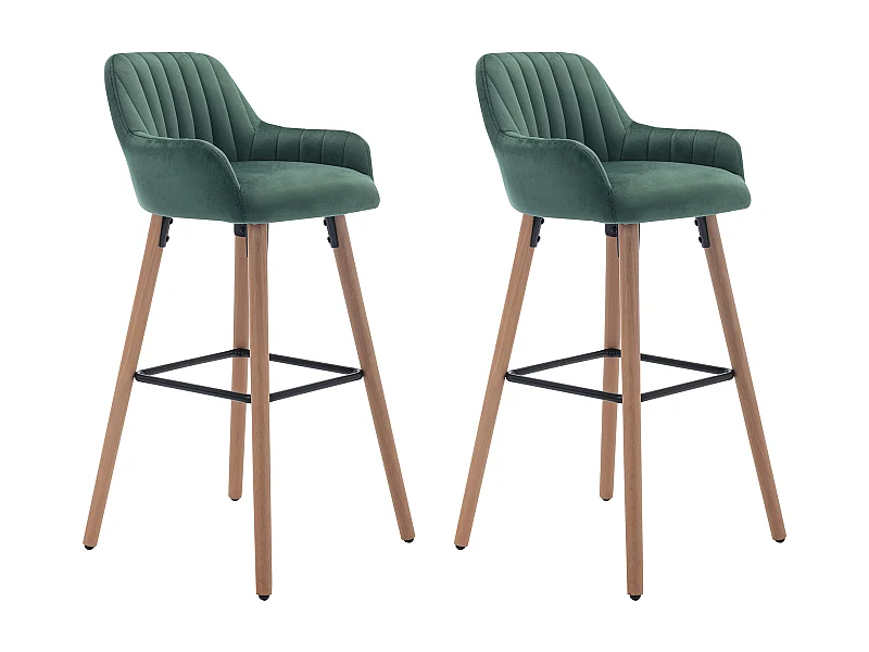 Lot de 2 tabourets de bar en velours et pieds bois de hêtre - Vert foncé - ELEANA