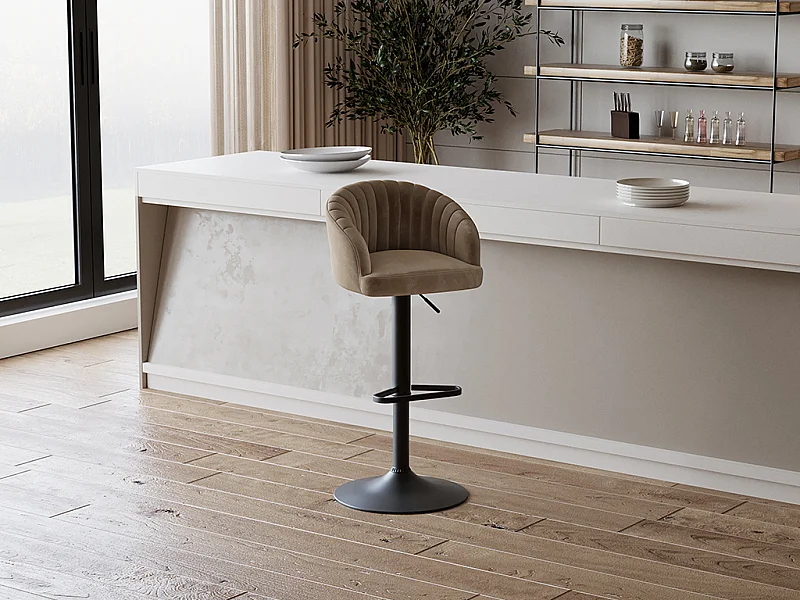 Lot de 2 tabourets de bar en velours et métal - Hauteur réglable - Beige - DORALIZ