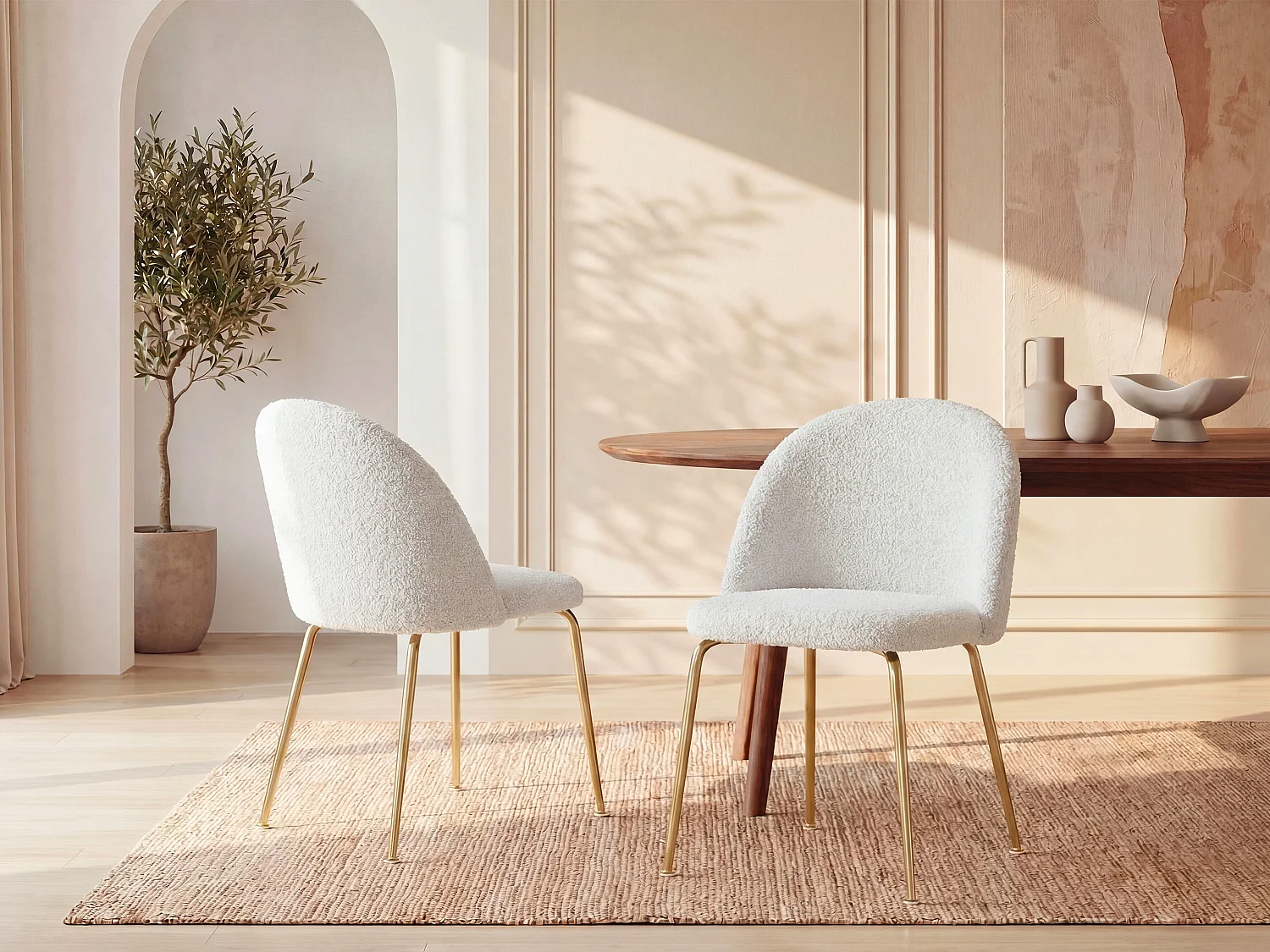 Lot de 2 chaises - Tissu bouclette et acier inoxydable doré - Blanc - MELBOURNE