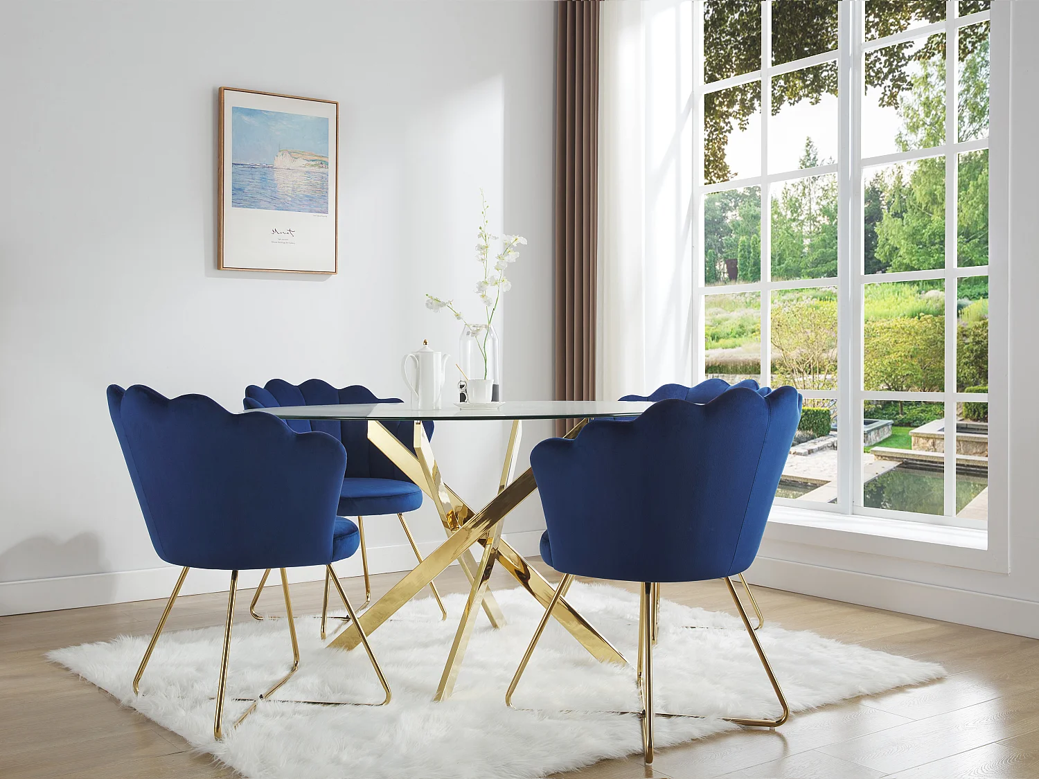 Table à manger ronde 6 personnes en verre trempé et métal doré - Transparent - COSIMA