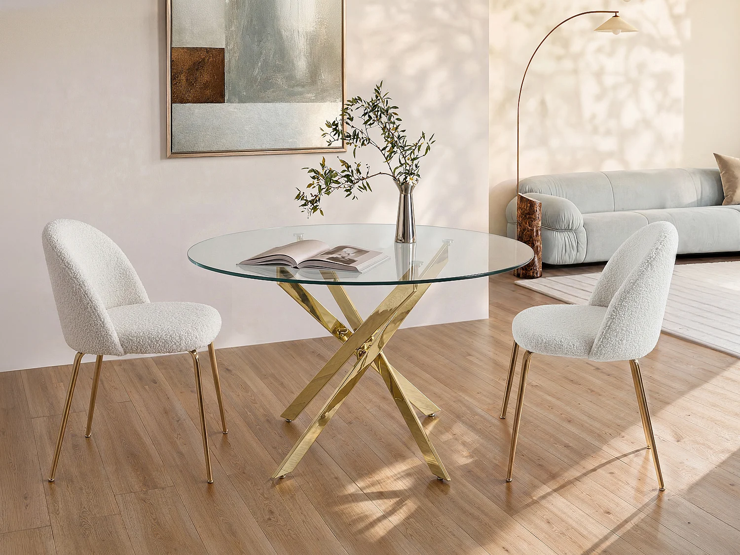 Mesa redonda de comedor para 4 personas de vidrio templado y metal dorado - Transparente - COSIMA