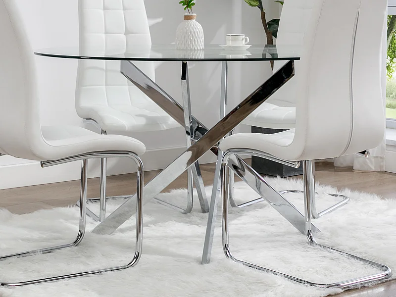 Mesa de jantar redonda de 6 lugares em vidro temperado e metal cromado, transparente - COSIMA