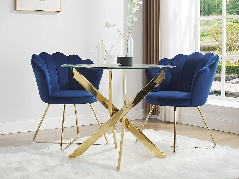 Ronde eettafel – 2 personen – Gehard glas en goudkleurig metaal – Transparant – COSIMA