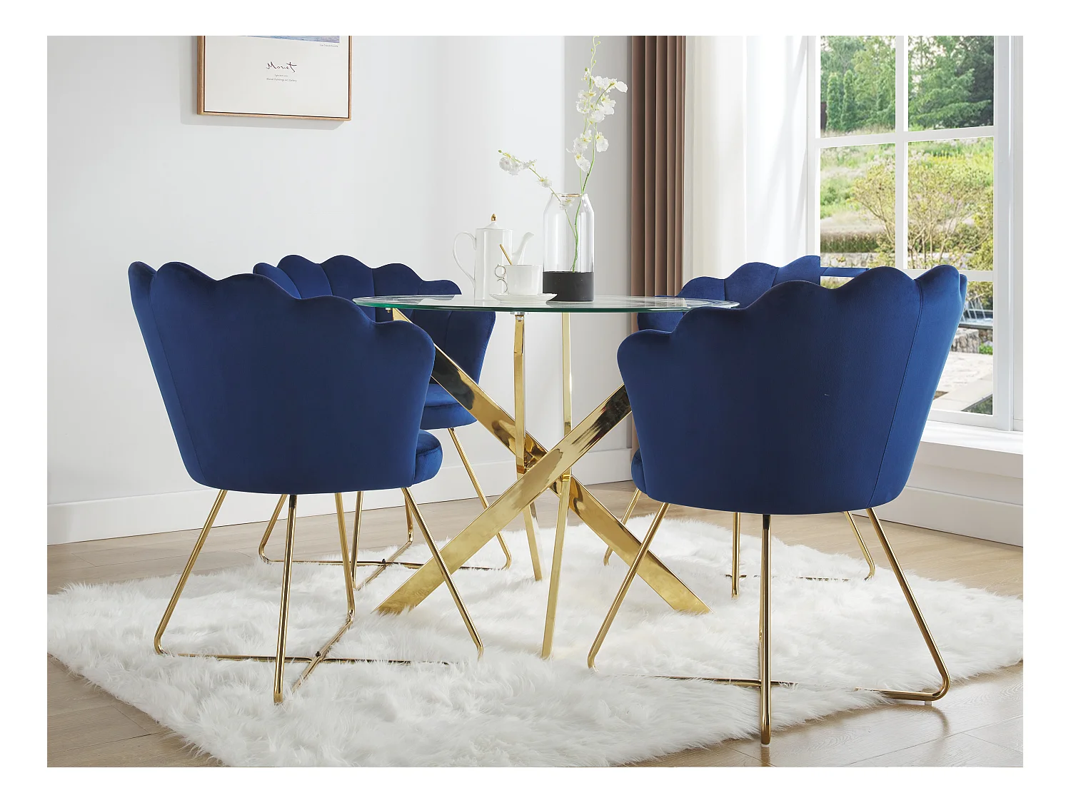 Mesa de comedor redonda para 2 personas de vidrio templado y metal dorado - Transparente - COSIMA