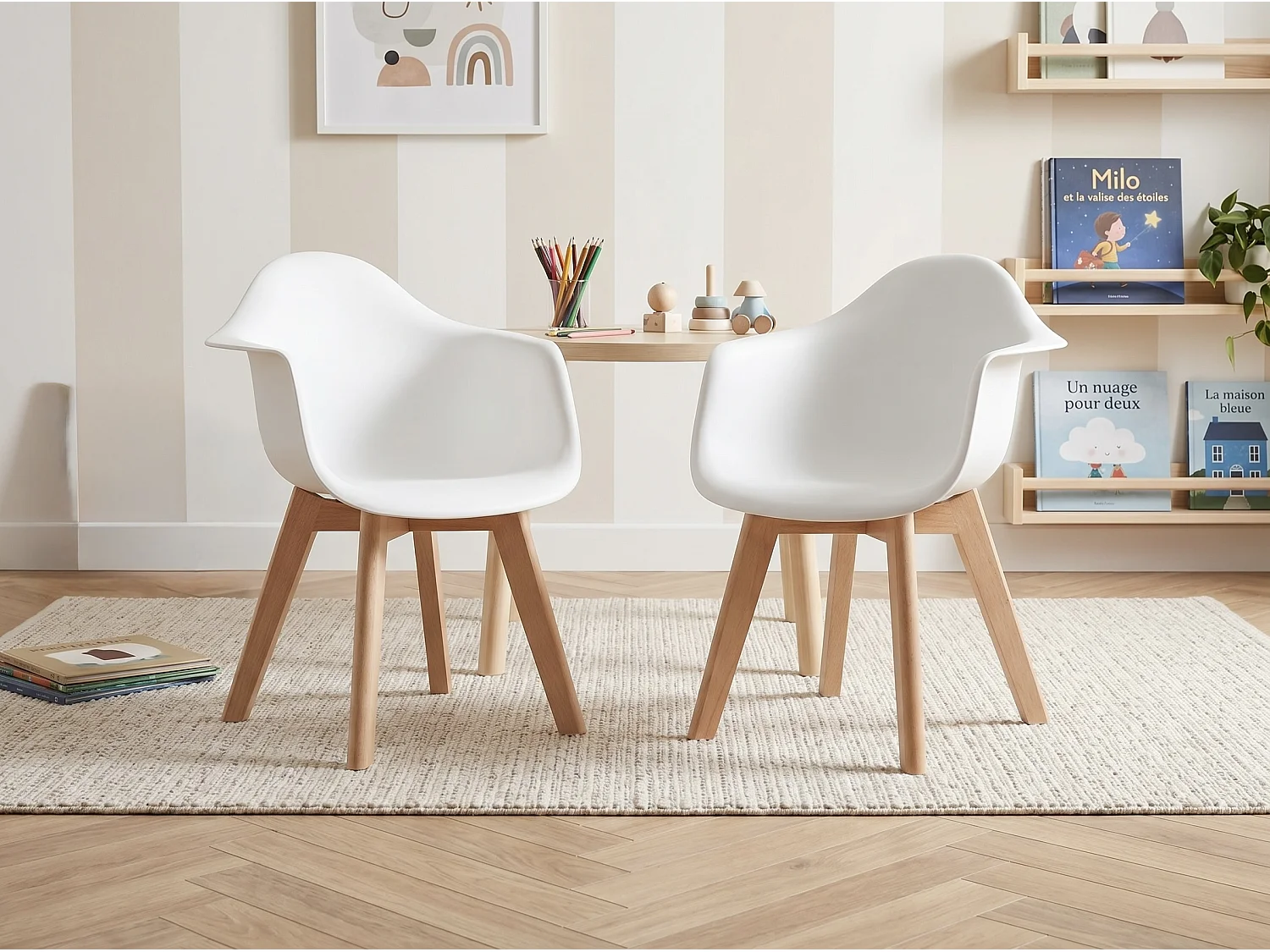 Lot de 2 chaises enfant avec accoudoirs en polypropylène et hêtre - Blanc - POUPINETTE
