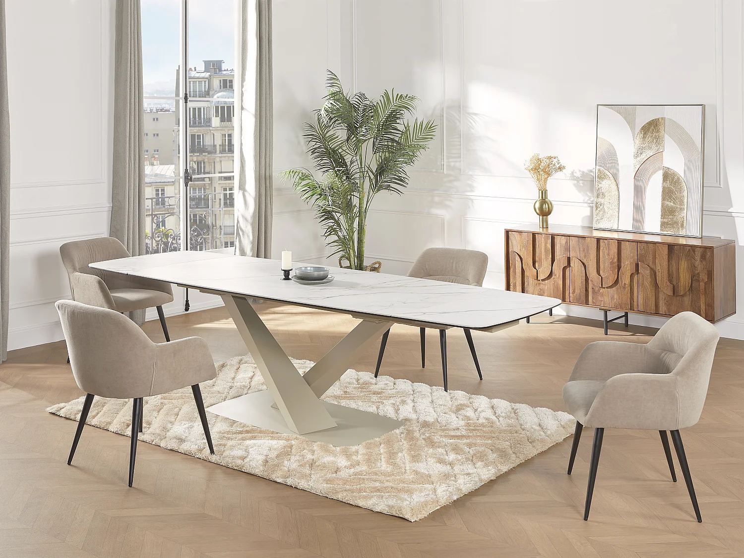 Utdragbart matbord för 6 till 10 personer i vit marmoreffekt  beige metall och härdat glas MALATA