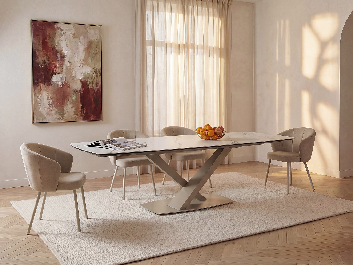 Vente-unique Esstisch ausziehbar - 6 bis 10 Personen - Sicherheitsglas, Keramik & Metall - Marmor-Optik Weiß & Beige - MALATA von Maison Céphy 1823911