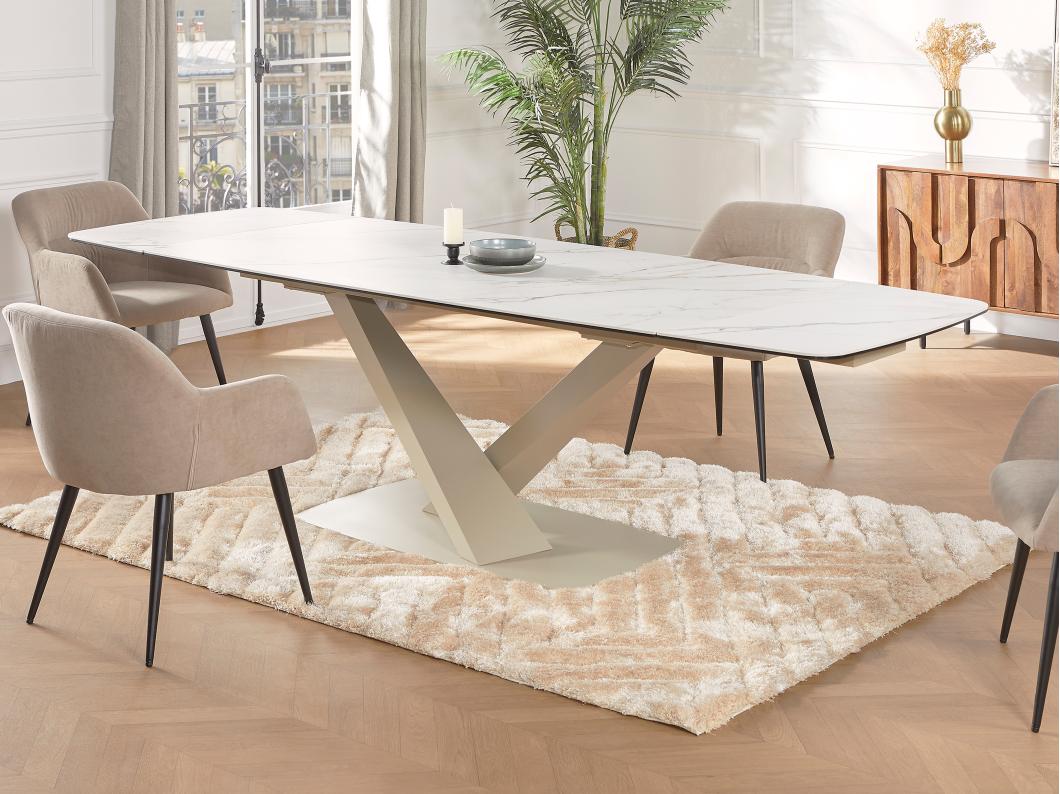 Table à manger extensible 6 à 10 personnes en verre trempé, céramique et métal - Effet marbre blanc et beige  - MALATA de Maison Céphy