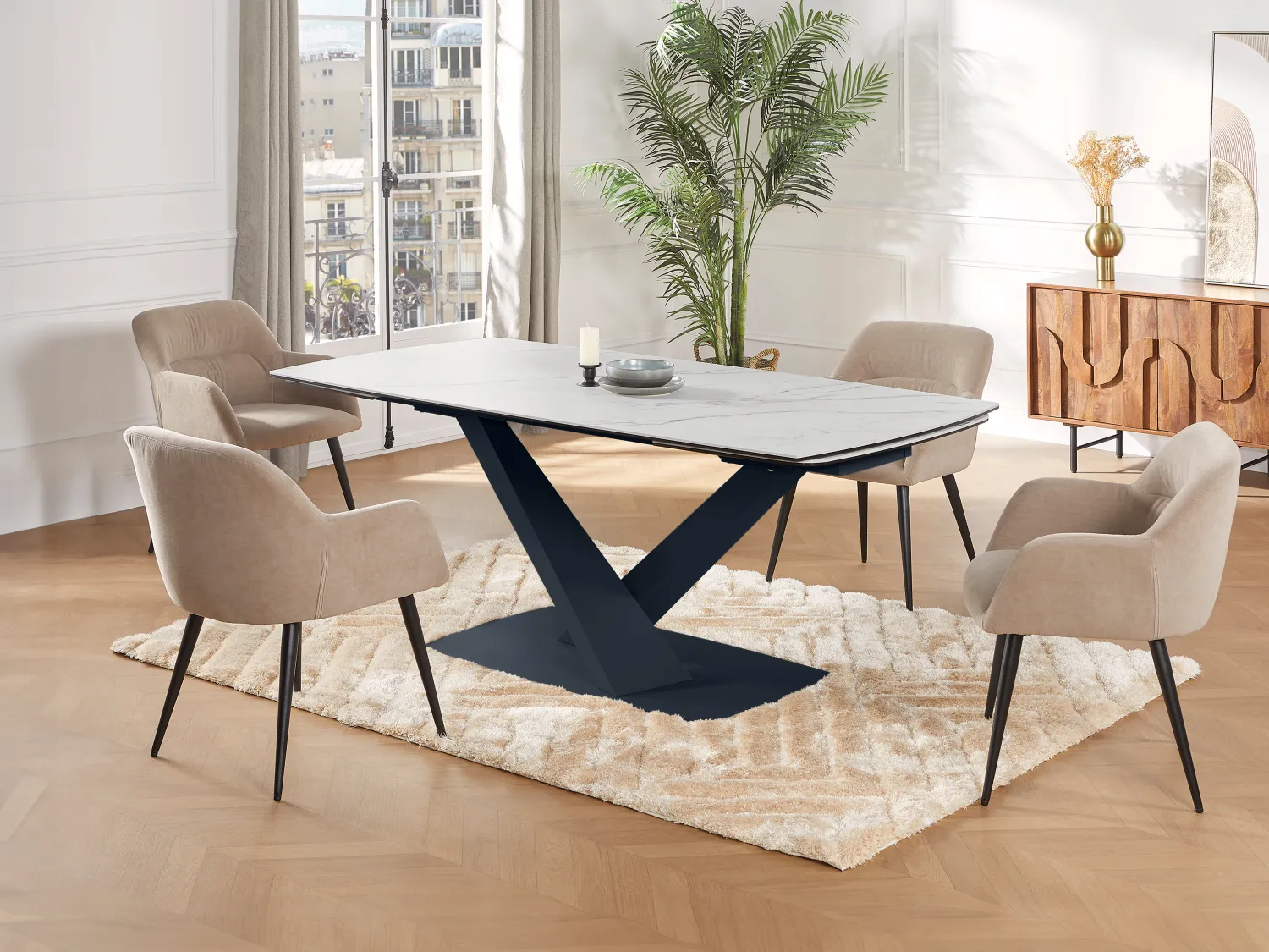 Mesa de comedor extensible 6 a 10 comensales de cerámica y metal - Efecto mármol blanco y negro - MALATA de Pascal MORABITO