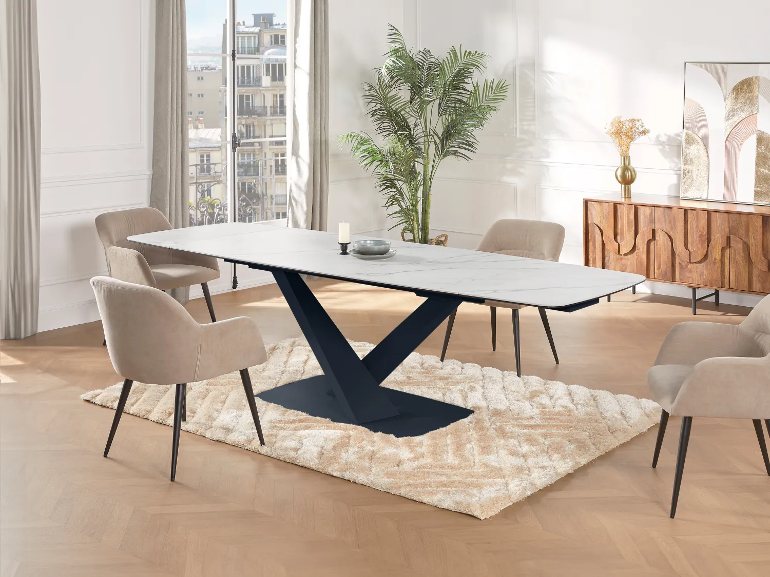Esstisch ausziehbar - 6 bis 10 Personen - Sicherheitsglas, Keramik & Metall - Marmor-Optik Weiß & Schwarz - MALATA von Maison Céphy