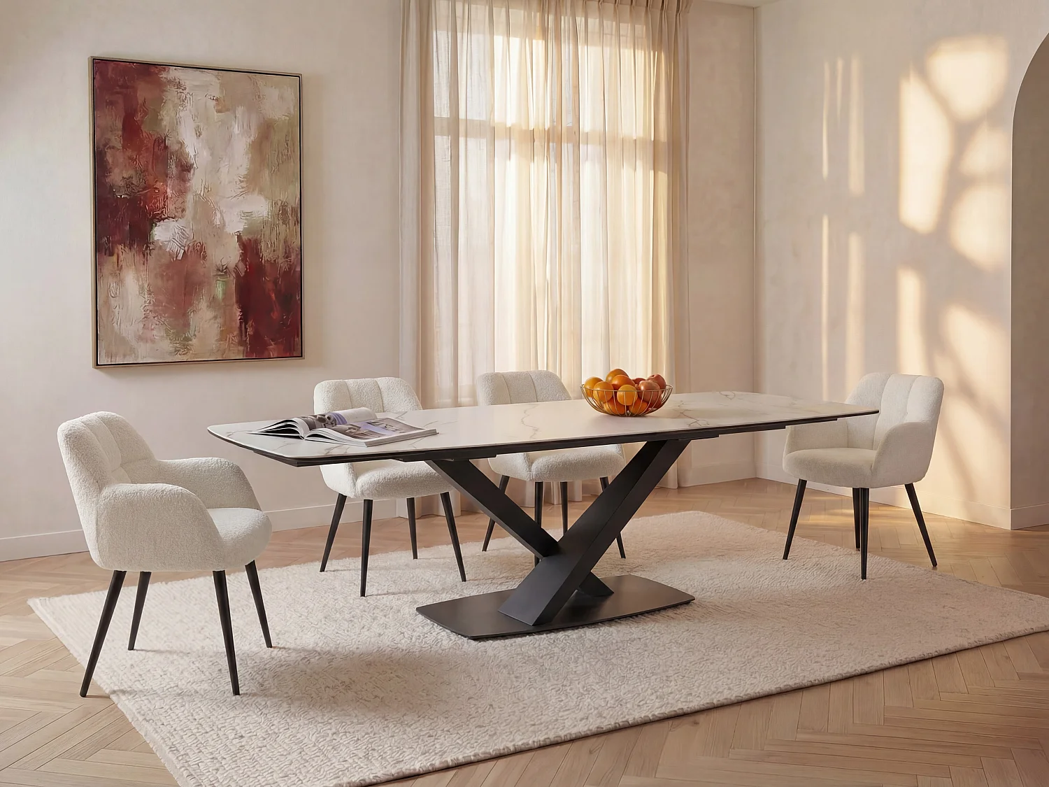 Mesa de jantar extensível 6 a 10 lugares em cerâmica e metal, efeito mármore branco e preto - MALATA de Pascal Morabito