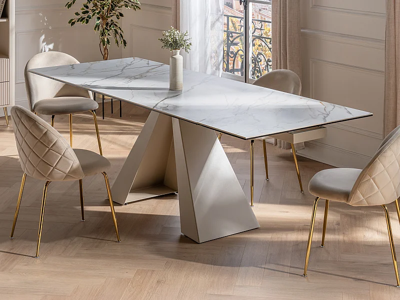 Table à manger extensible 6 à 10 personnes en verre trempé, céramique et métal - Effet marbre blanc et beige - LOZIPA de Maison Céphy