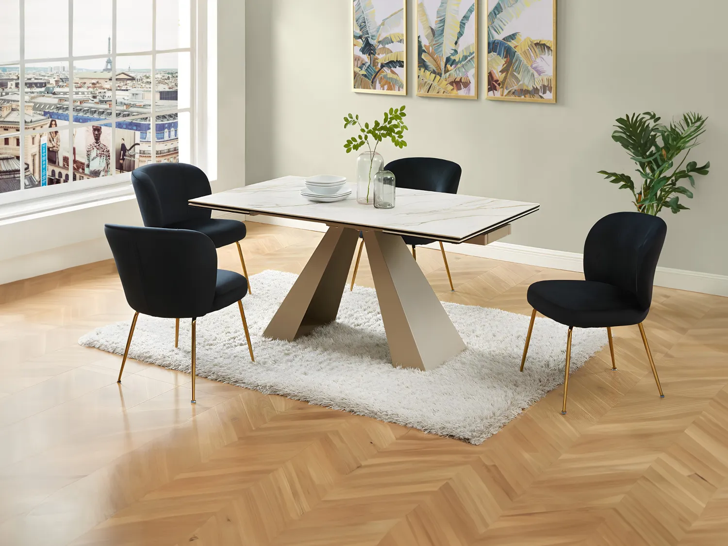 Mesa de comedor extensible 6 a 10 comensales de cerámica y metal - Efecto mármol blanco y beige - LOZIPA de Pascal MORABITO
