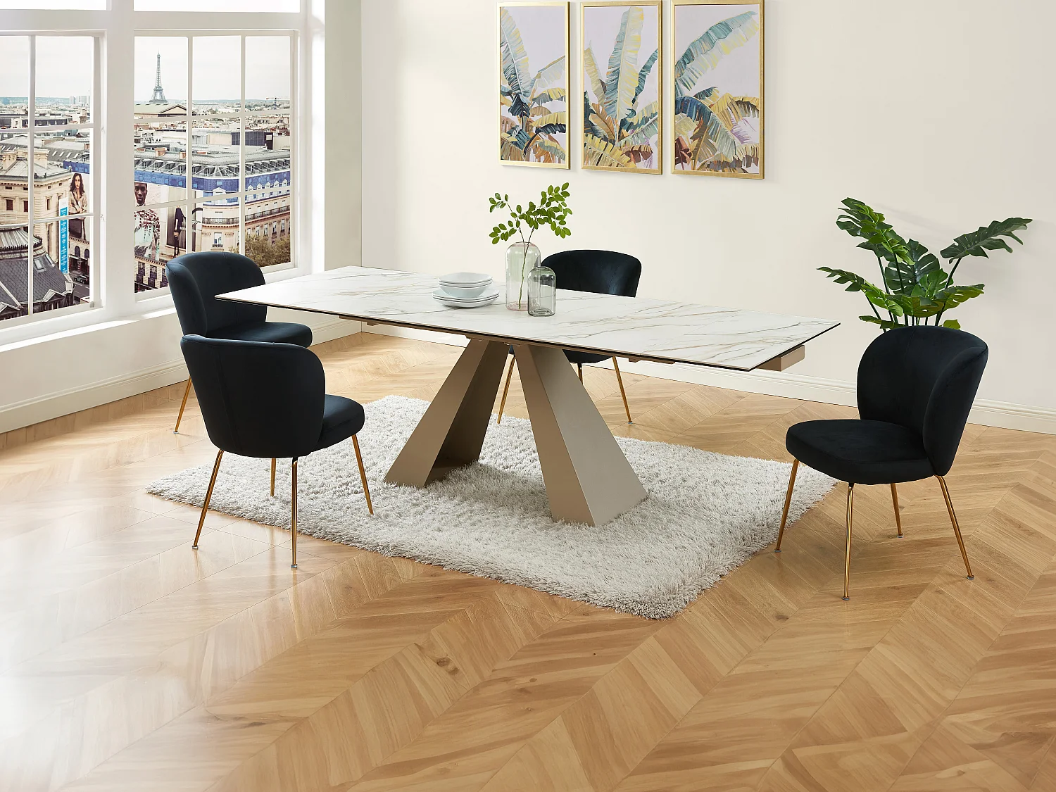 Utdragbart matbord för 6 till 10 personer i vit beige marmoreffekt metall och härdat glas LOZIPA