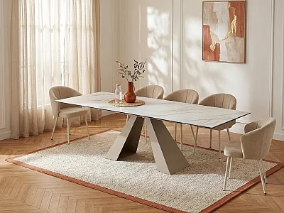Verlengbare eettafel 6 tot 10 personen van keramiek en metaal - Wit en beige marmereffect - LOZIPA