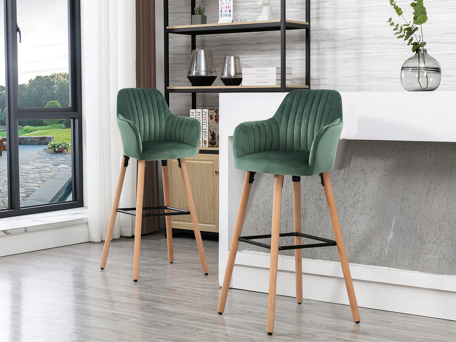 Tabouret de bar en velours et pieds bois de hêtre - Vert foncé - ELEANA