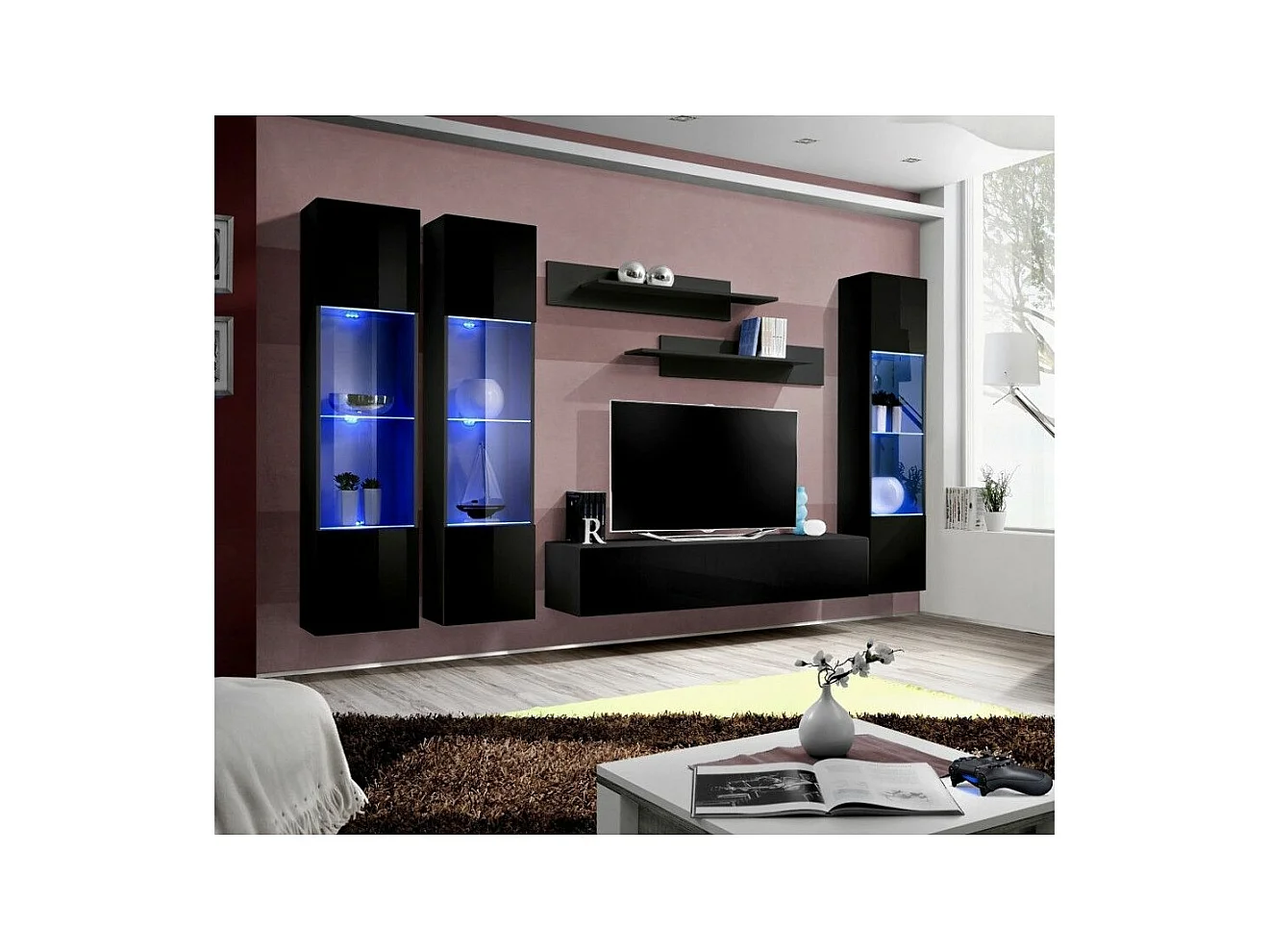 Meuble TV Mural Design "Fly III" 310cm Noir