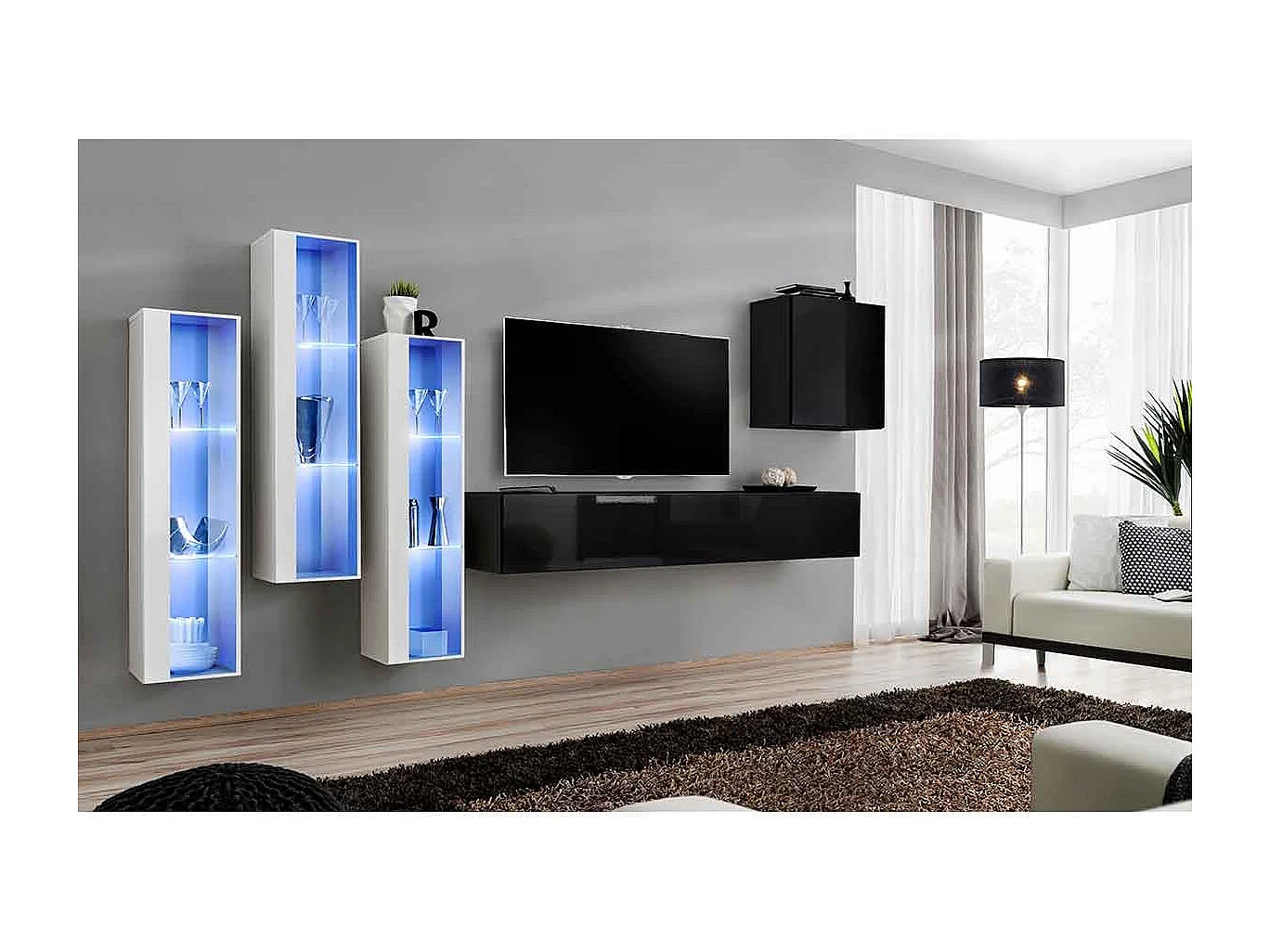 Meuble TV Mural Design "Switch XIII" 330cm Noir & Blanc