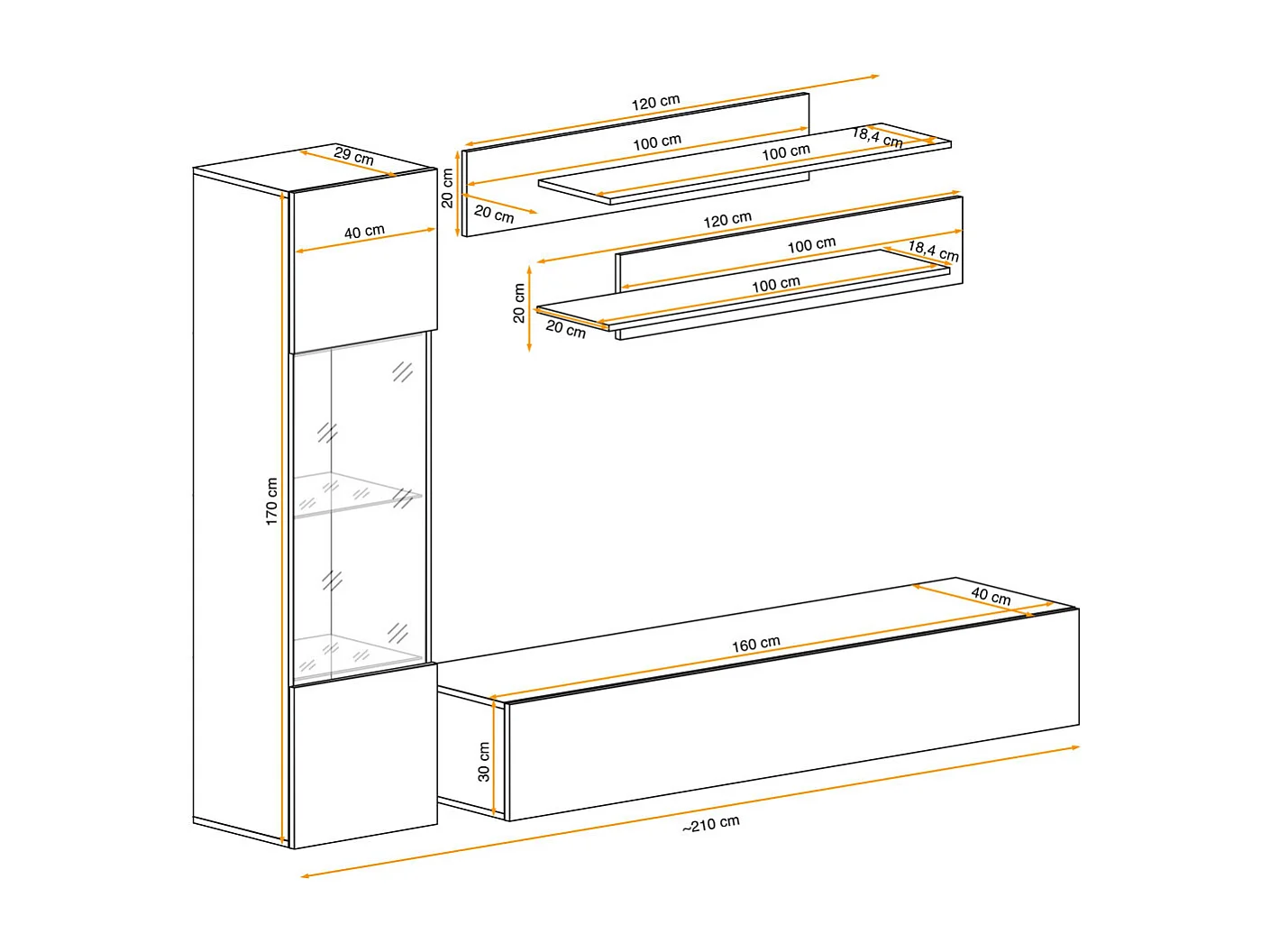 Meuble TV Mural Design "Fly III" 210cm Blanc