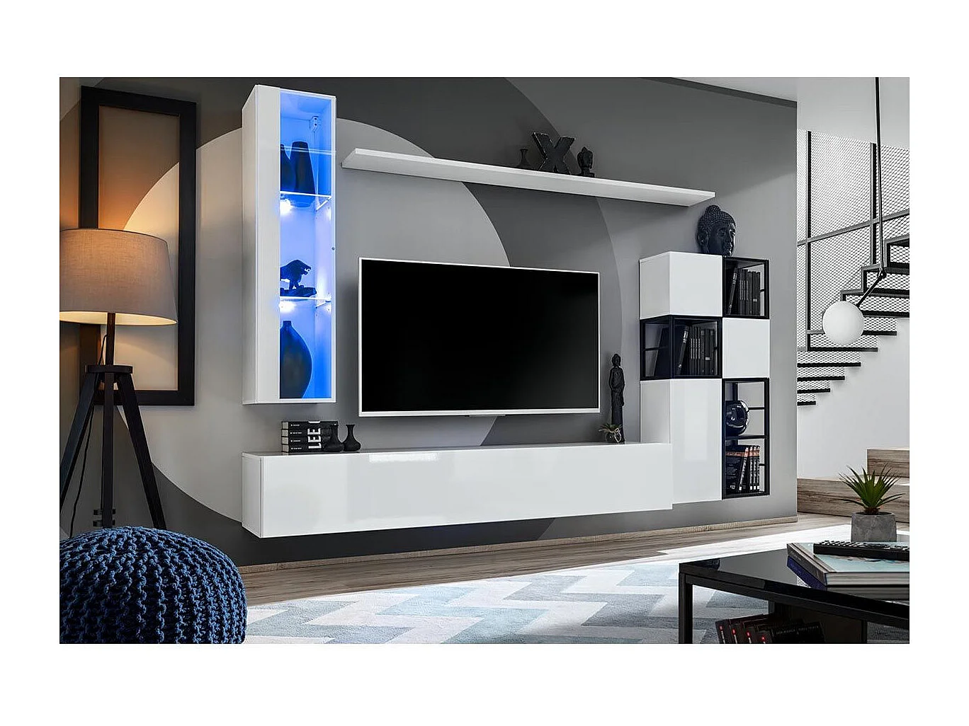 Ensemble Meuble TV Design "Switch II" 250cm Blanc & Noir