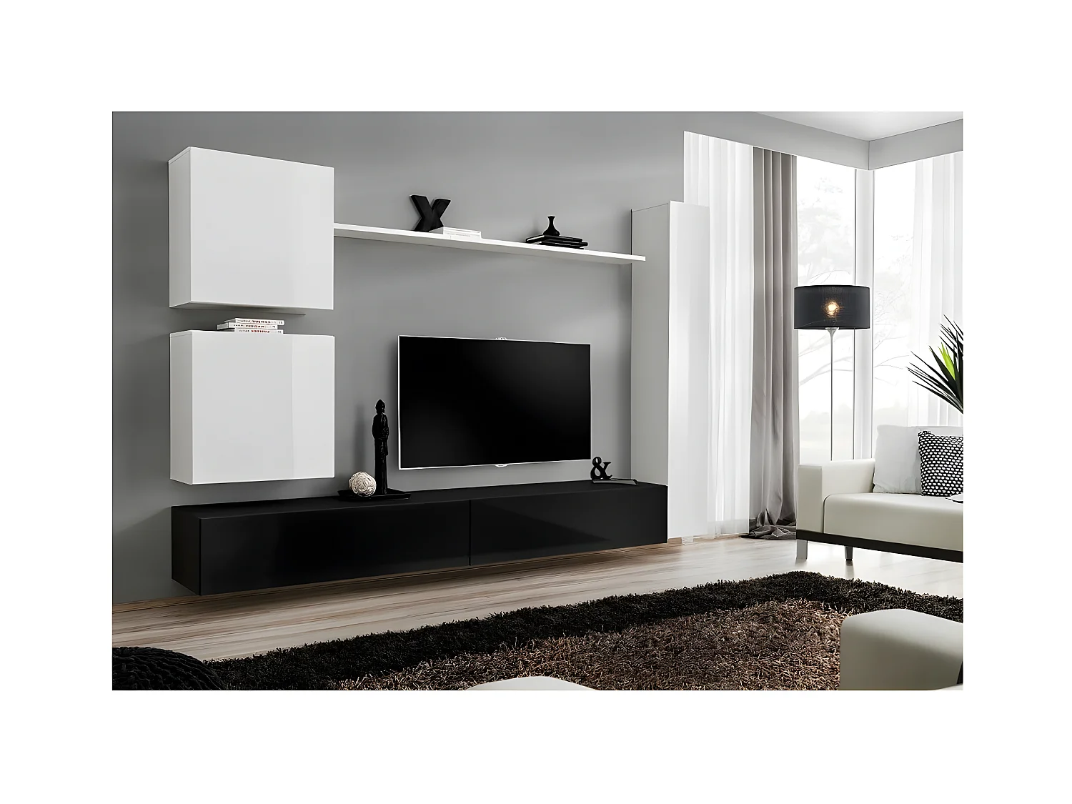 Meuble TV Mural Design "Switch VIII" 280cm Blanc & Noir