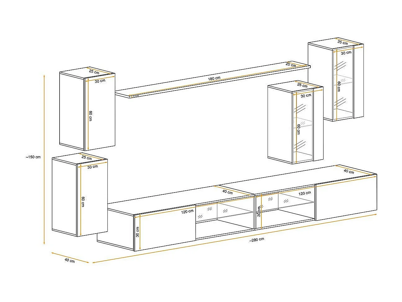 Ensemble Meuble TV Design "Switch XXV" 280cm Blanc & Noir