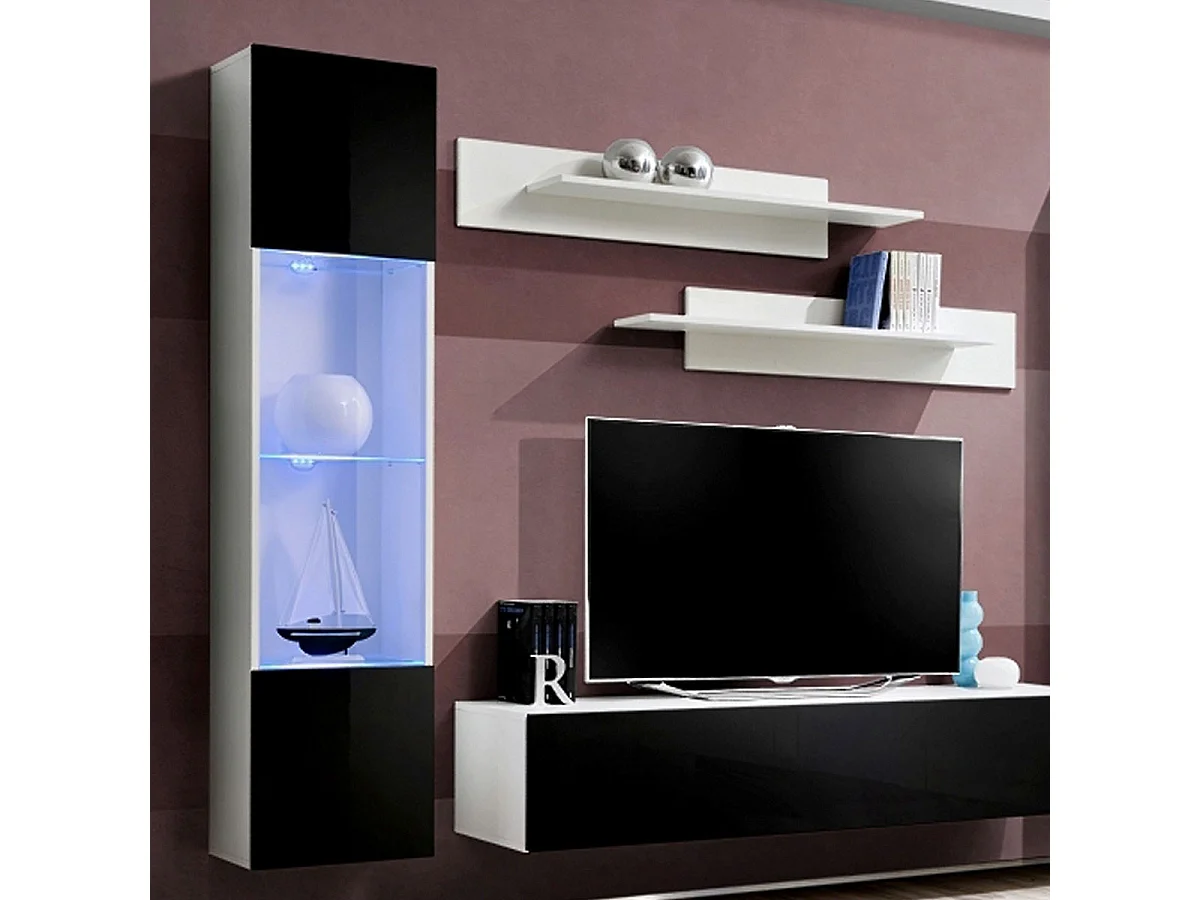 Meuble TV Mural Design "Fly III" 260cm Noir & Blanc