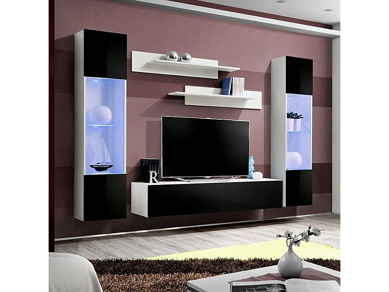 Meuble TV Mural Design "Fly III" 260cm Noir & Blanc