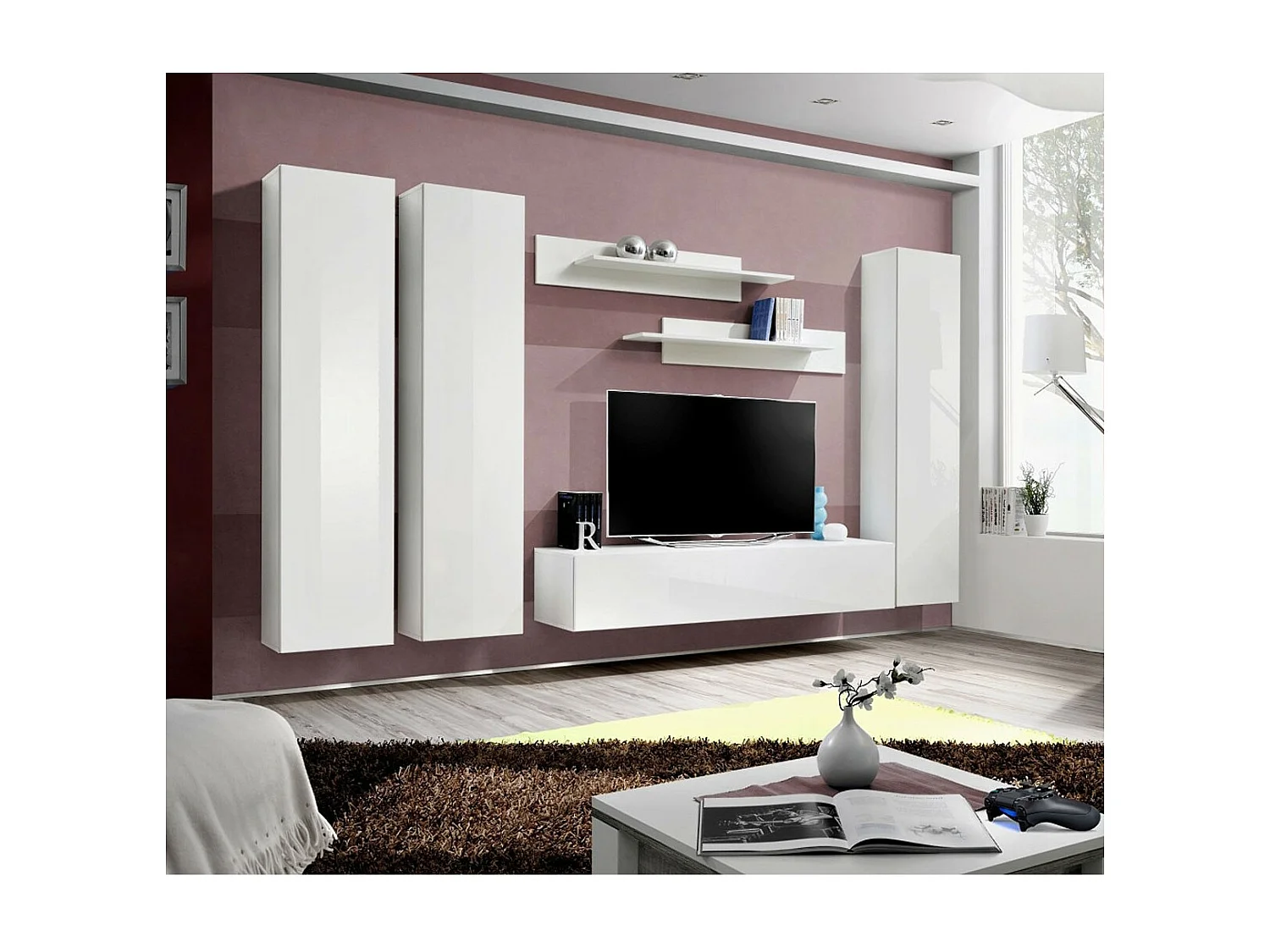 Meuble TV Mural Design "Fly I" 310cm Blanc