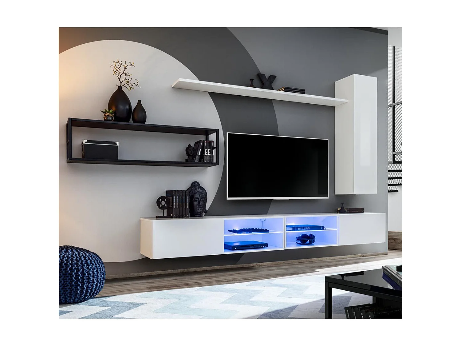 Ensemble Meuble TV Design "Switch IV" 300cm Blanc & Noir