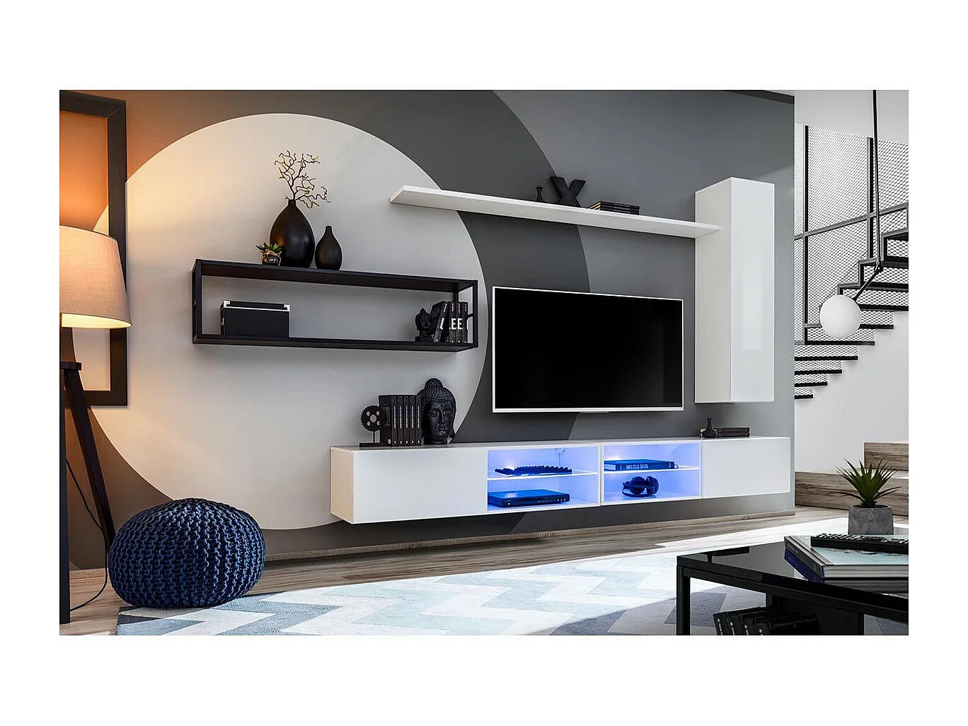 Ensemble Meuble TV Design "Switch IV" 300cm Blanc & Noir