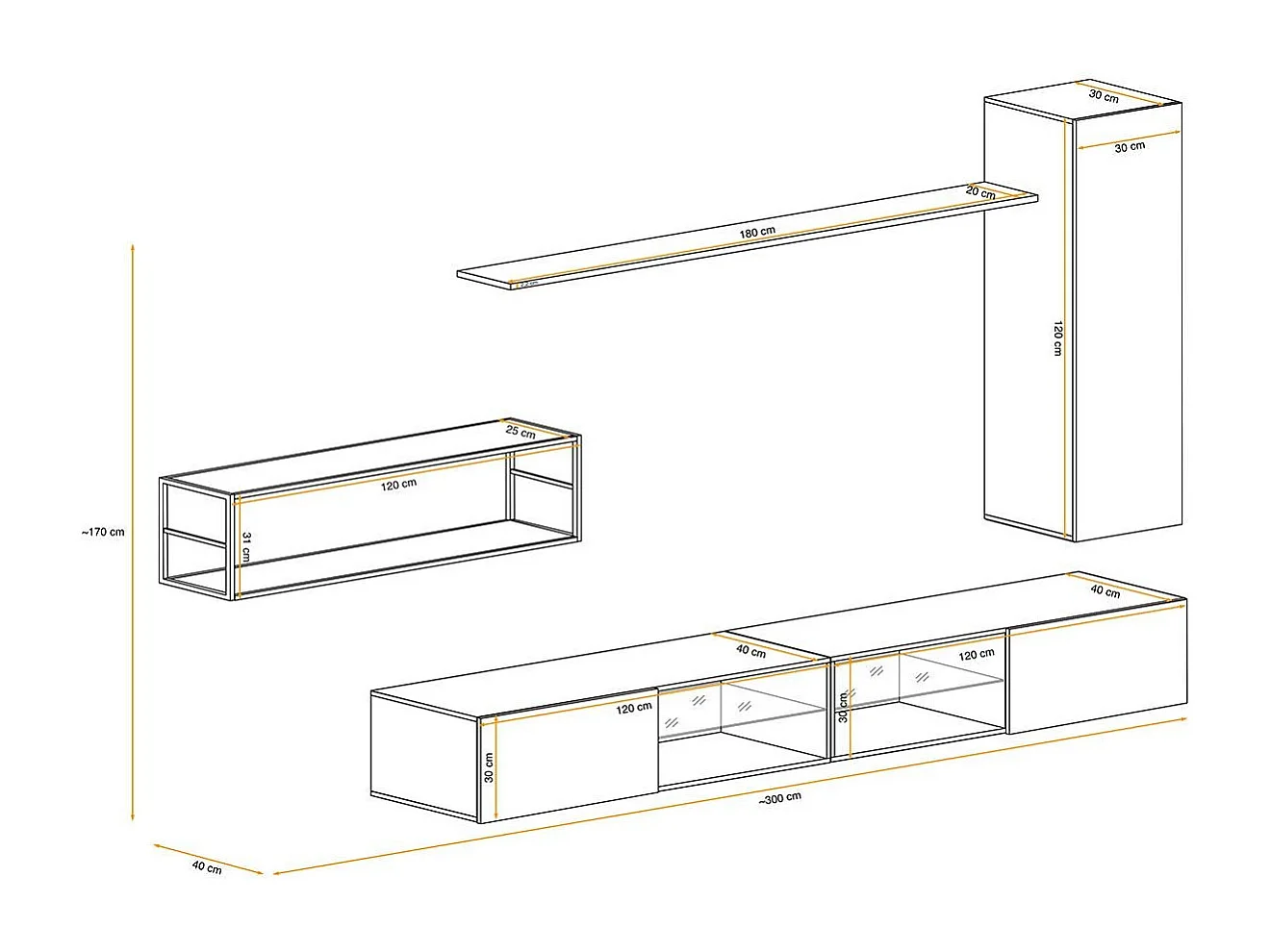 Ensemble Meuble TV Design "Switch IV" 300cm Blanc & Noir